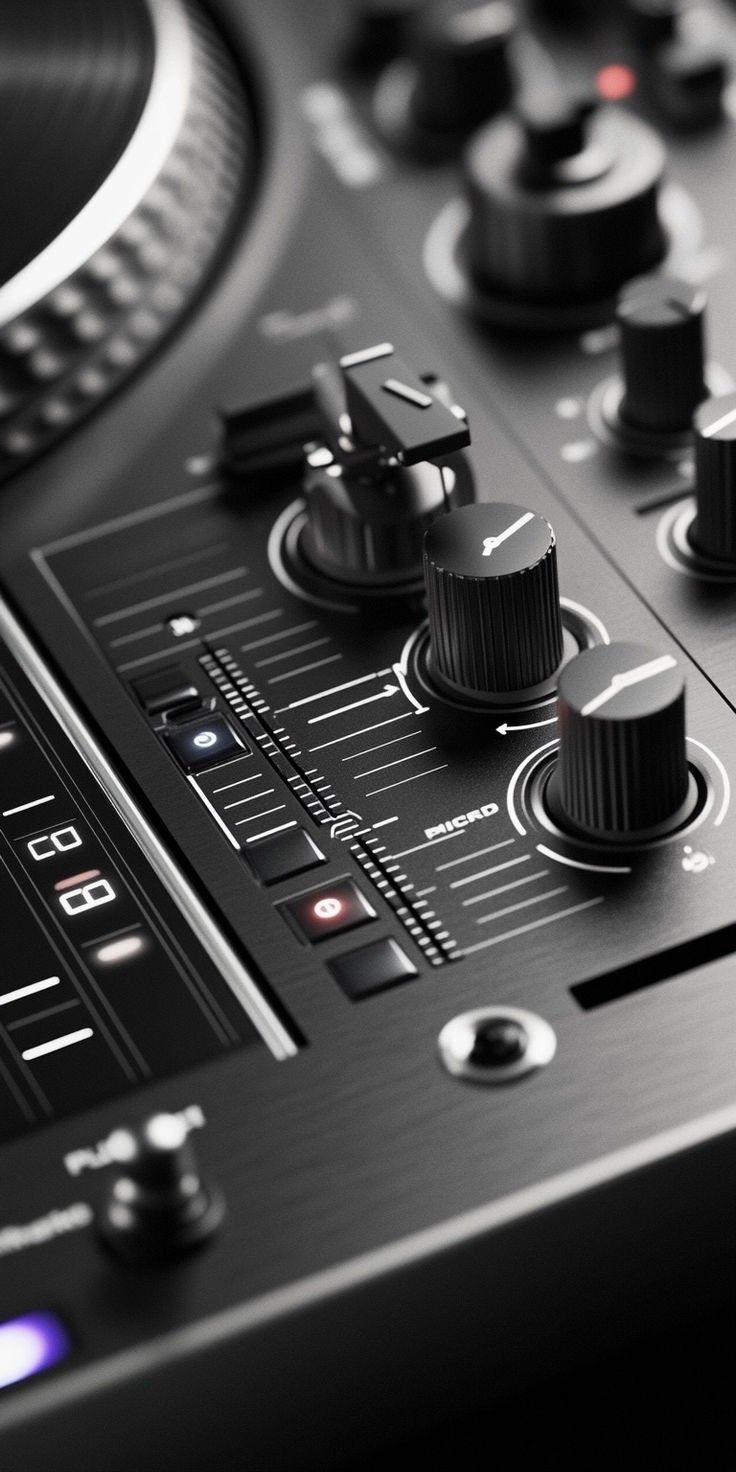 Monochrome close-up of DJ controller knobs, faders and a jog wheel